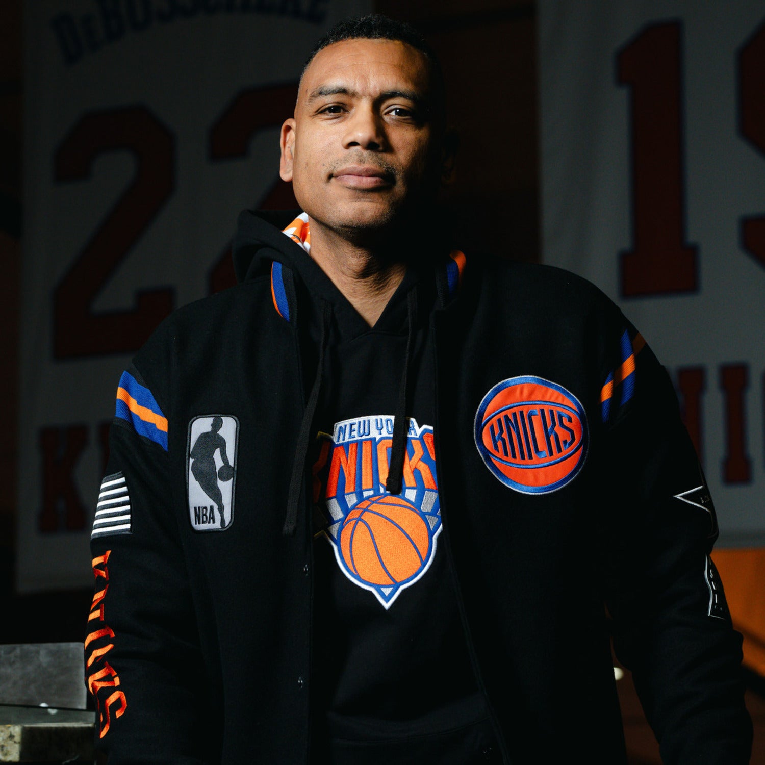 FISLL Knicks Black History Collection Varsity Jacket - Modeled Front View