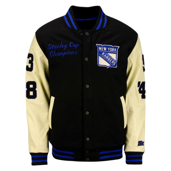 GIII Starter Rangers Stanley Cup Wool Leather Jacket In Black & Cream - Front View