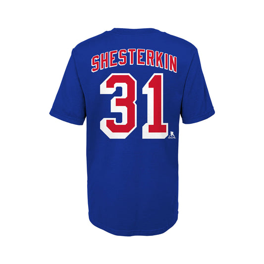 Youth Rangers Igor Shesterkin Name & Number Tee In Blue - Back View