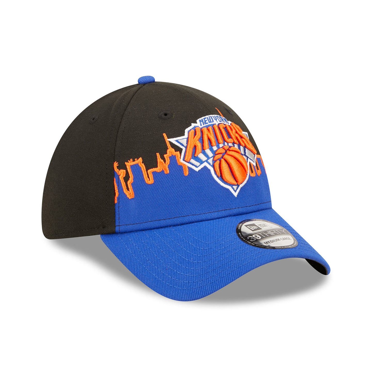 New Era Knicks Skyline Tip Off Stretchfit Hat In Black Blue & Orange - Front View
