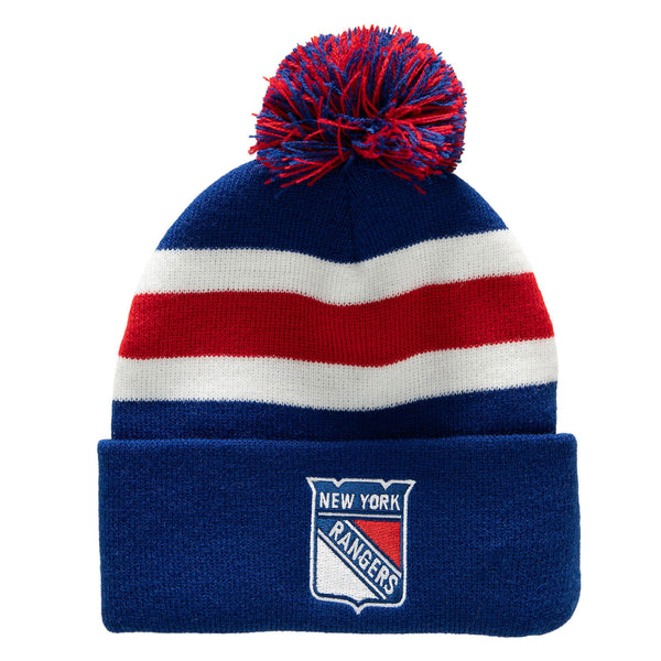 Mitchell & Ness Rangers Stripe Pom Knit Hat In Blue Red & White - Front View