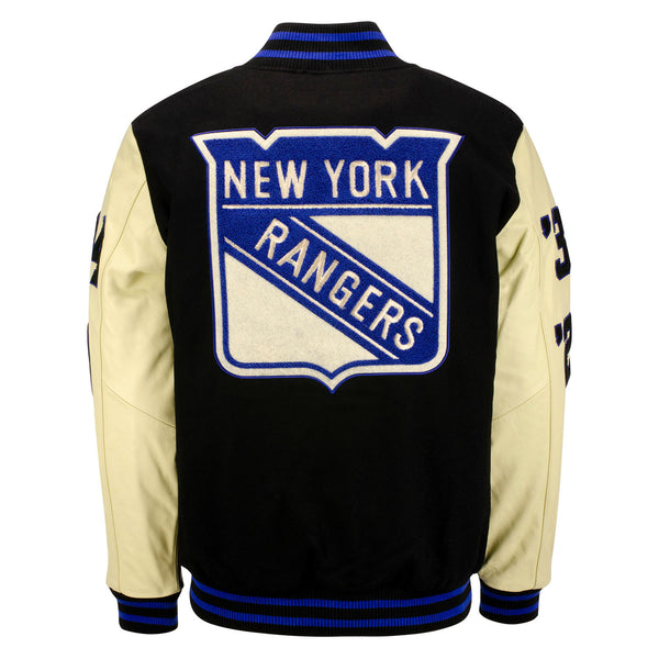 GIII Starter Rangers Stanley Cup Wool Leather Jacket In Black & Cream - Back View