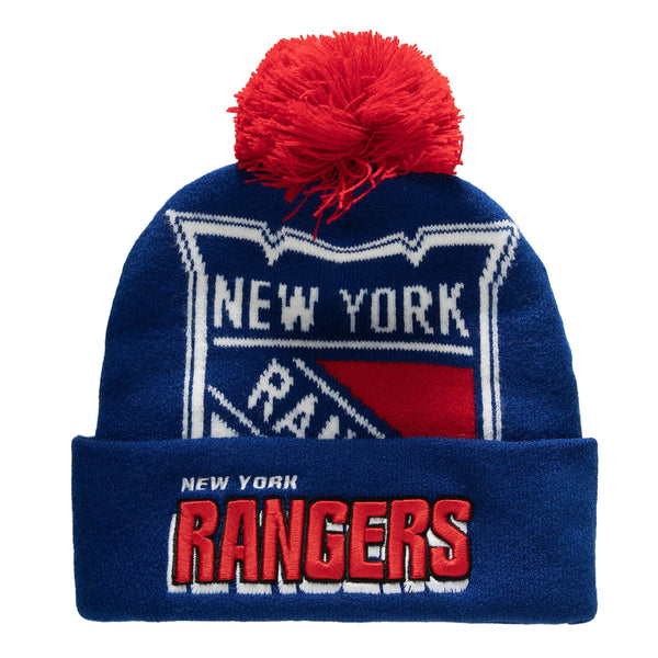 Mitchell & Ness Rangers Punch out Pom Knit Hat In Blue Red & White - Front View