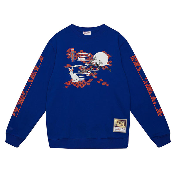 Mitchell & Ness Knicks Lunar New Year Crew Fleece In Blue, Orange & White - Front View