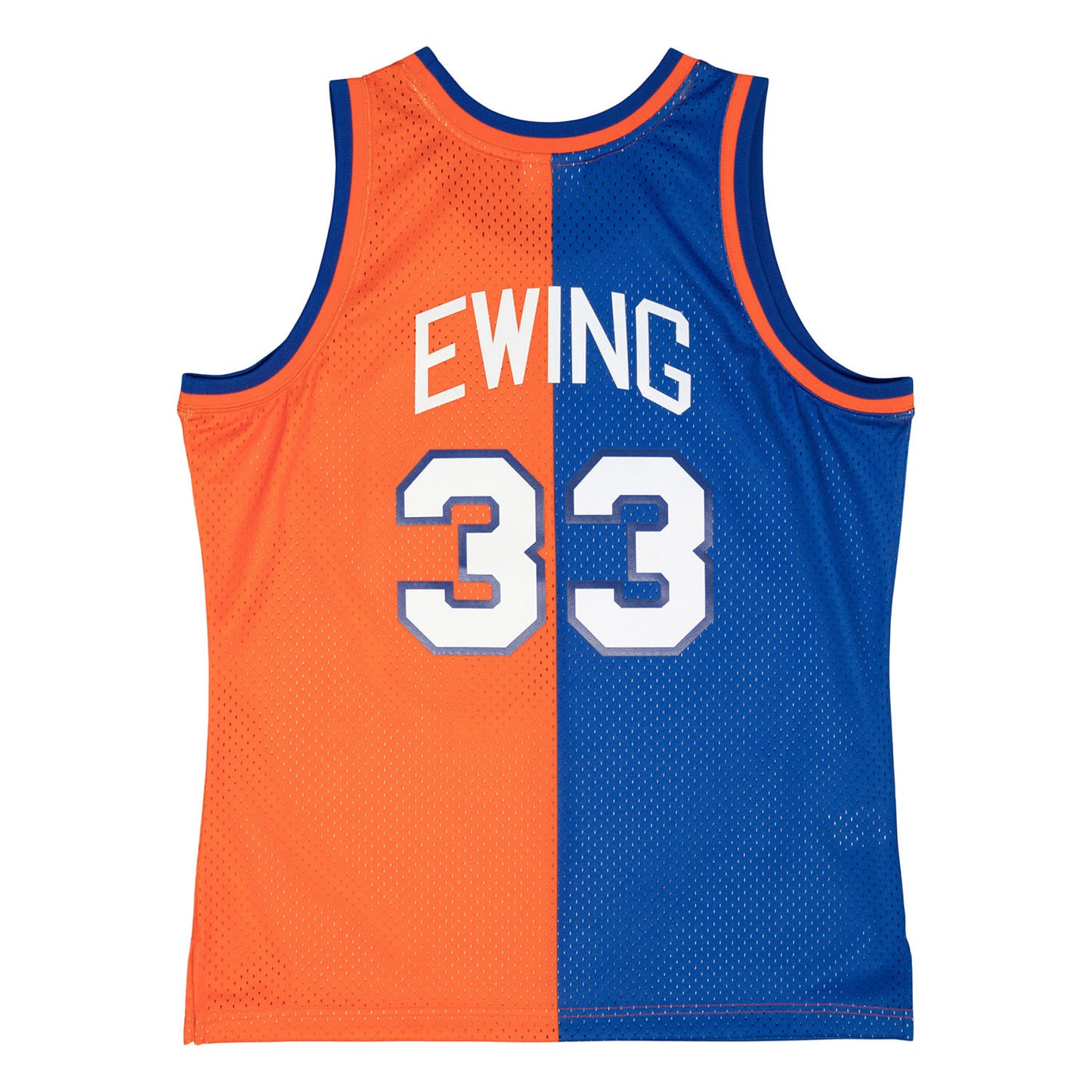 Mitchell & Ness Knicks Ewing 1985 Split Jersey In Orange & Blue - Back View
