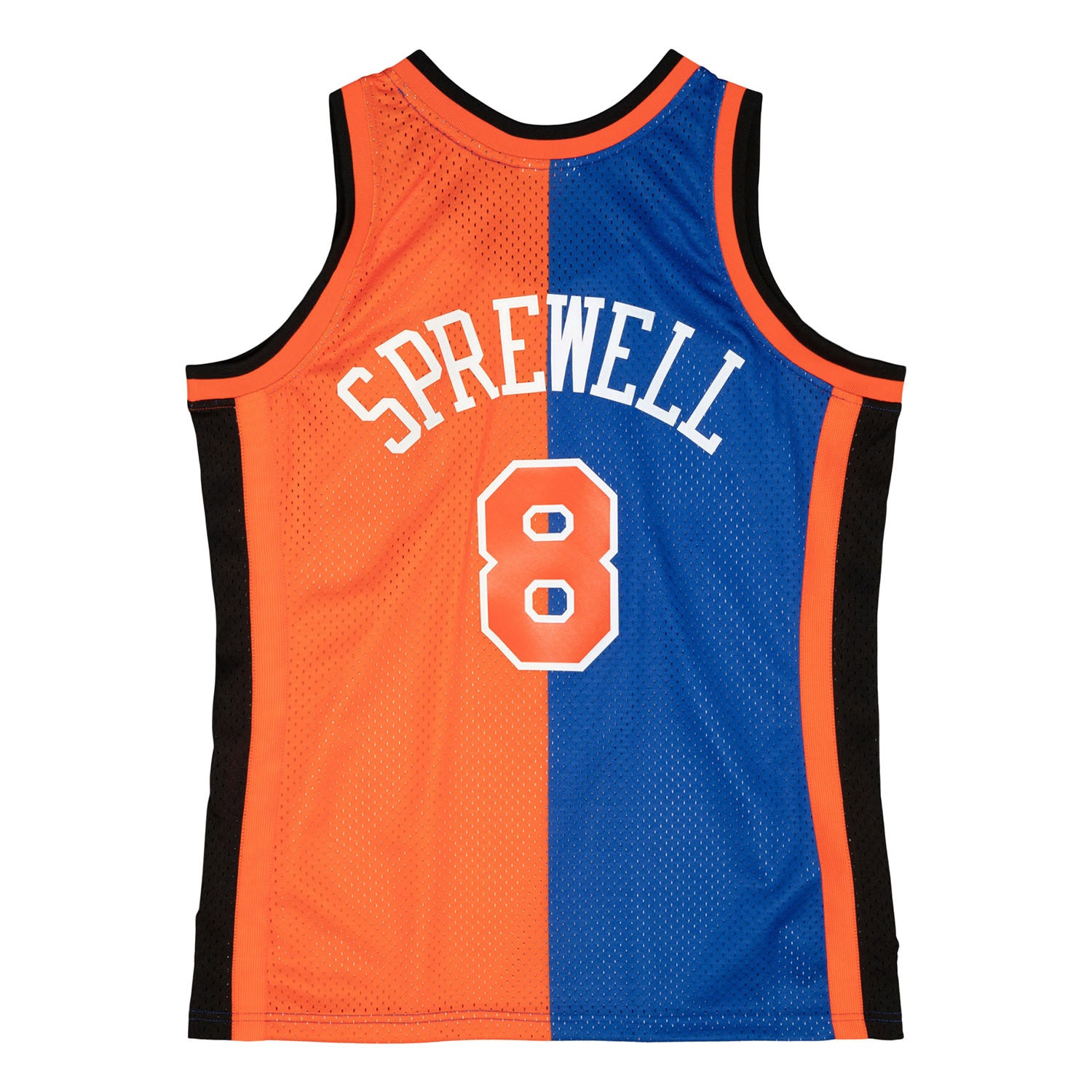 Men's Mitchell & Ness Latrell Sprewell Blue/Orange New York Knicks Hardwood Classics 1998/99 Split Swingman Jersey Size: Small