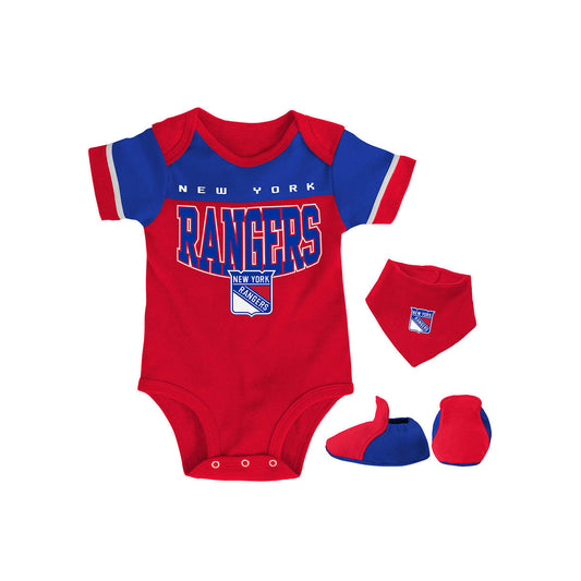 Newborn Rangers Puck Happy Creeper Bib and Bootie Set In Red & Blue - Front View