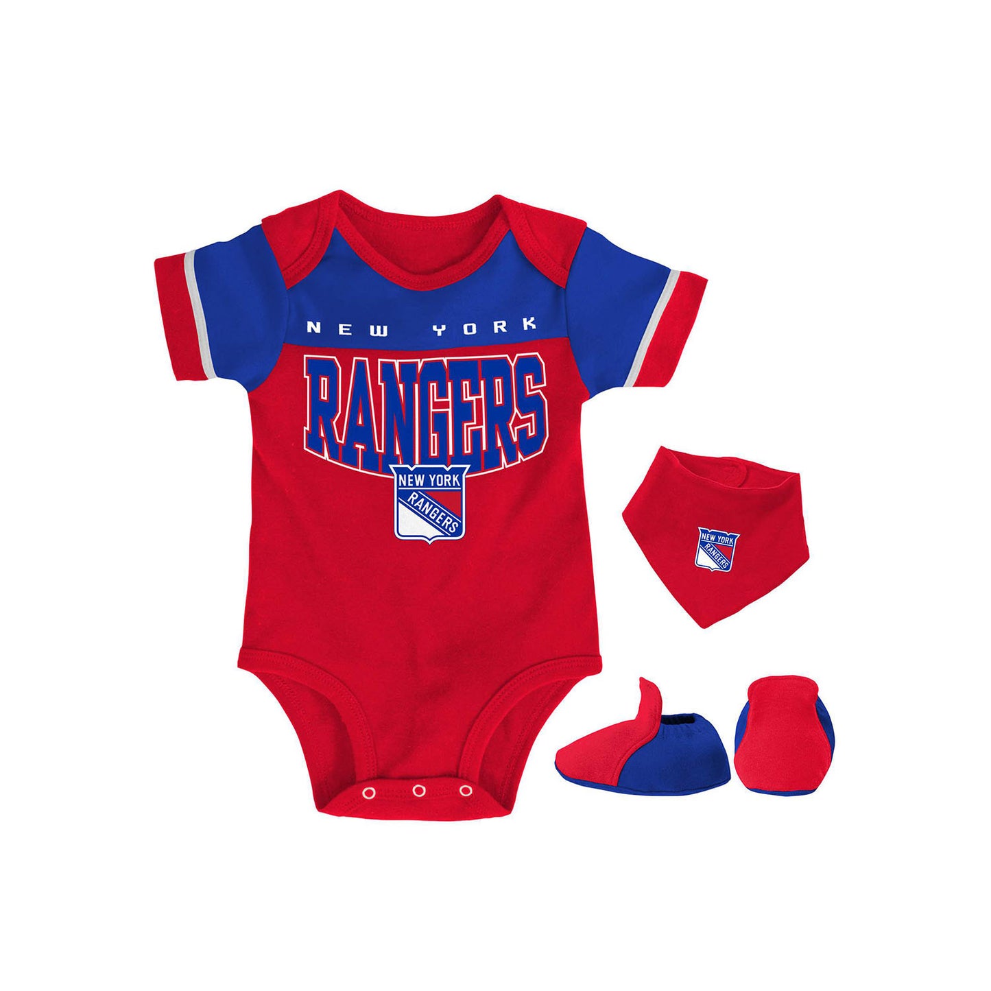Infant Rangers Puck Happy Creeper Bib and Bootie Set In Red & Blue - Front View