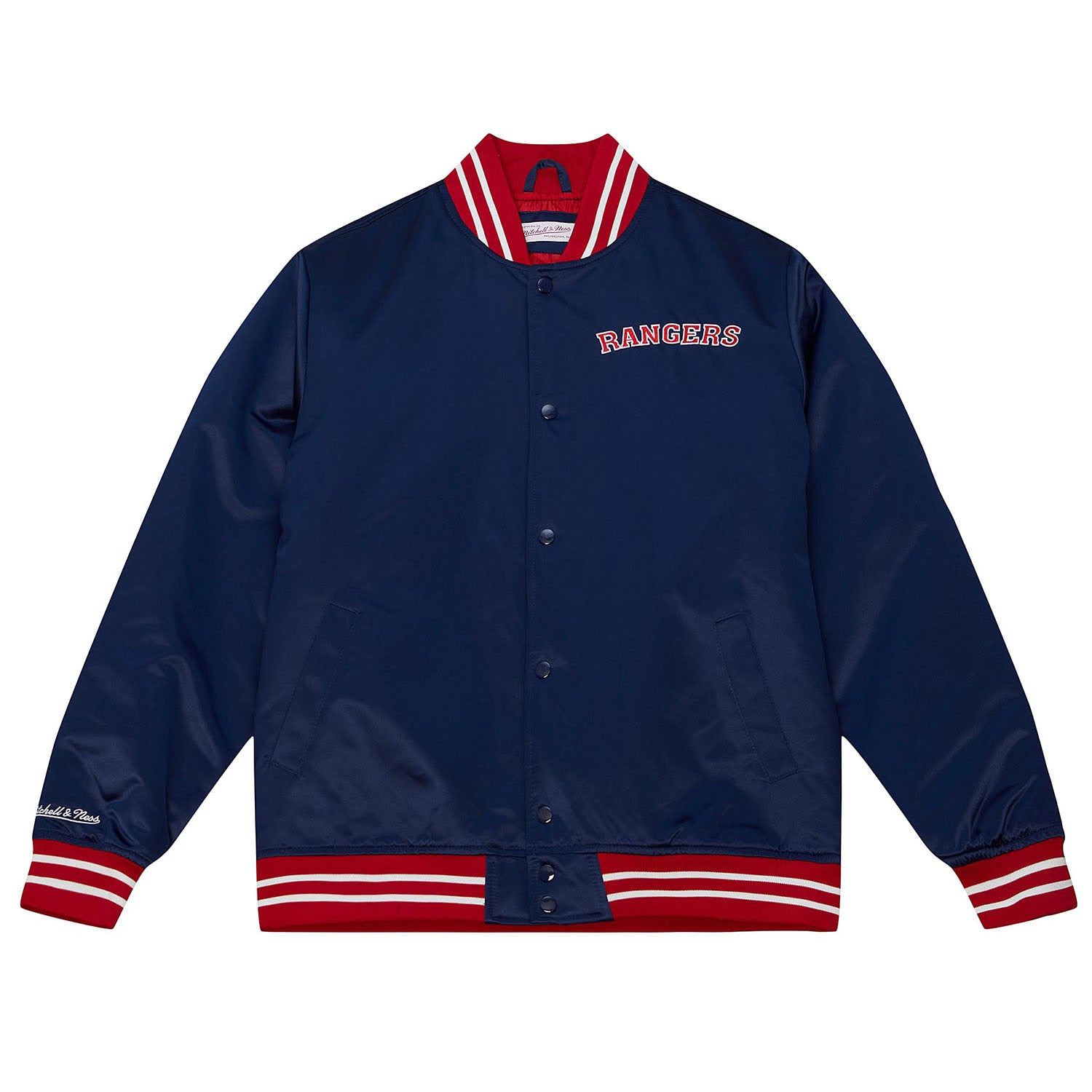Mitchell & Ness Rangers Heavyweight Satin Jacket In Blue & Red - Front View