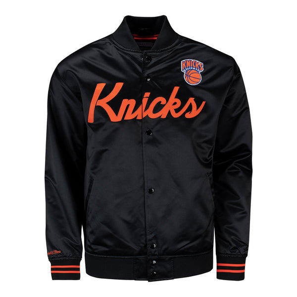 Mitchell & Ness Knicks Script Lightweight Satin Jacket in Black - Front View
