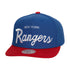Mitchell & Ness Rangers Vintage Script Snapback Hat In Blue & Red - Front View
