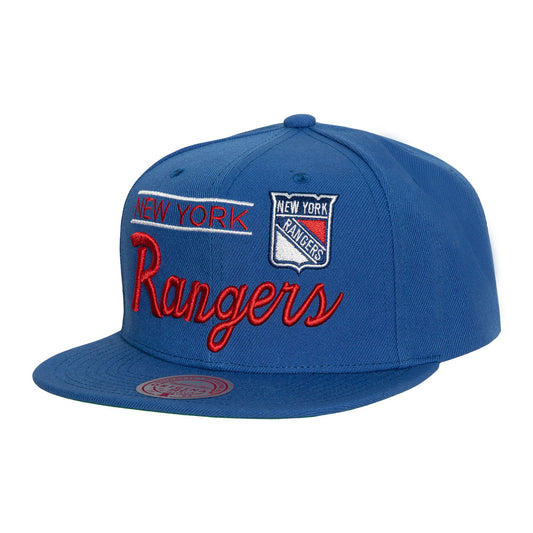 Mitchell & Ness Rangers Retro Lock Up Snapback Hat In Blue - Front View
