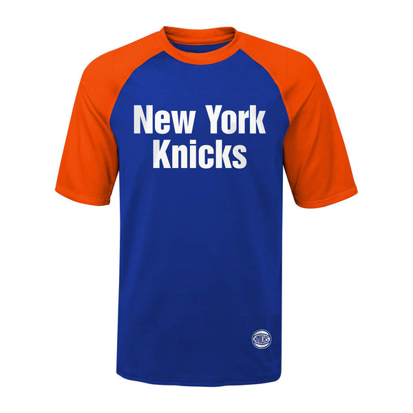 Youth Knicks Mecca Dunes Raglan Tee In Blue & Orange - Front View