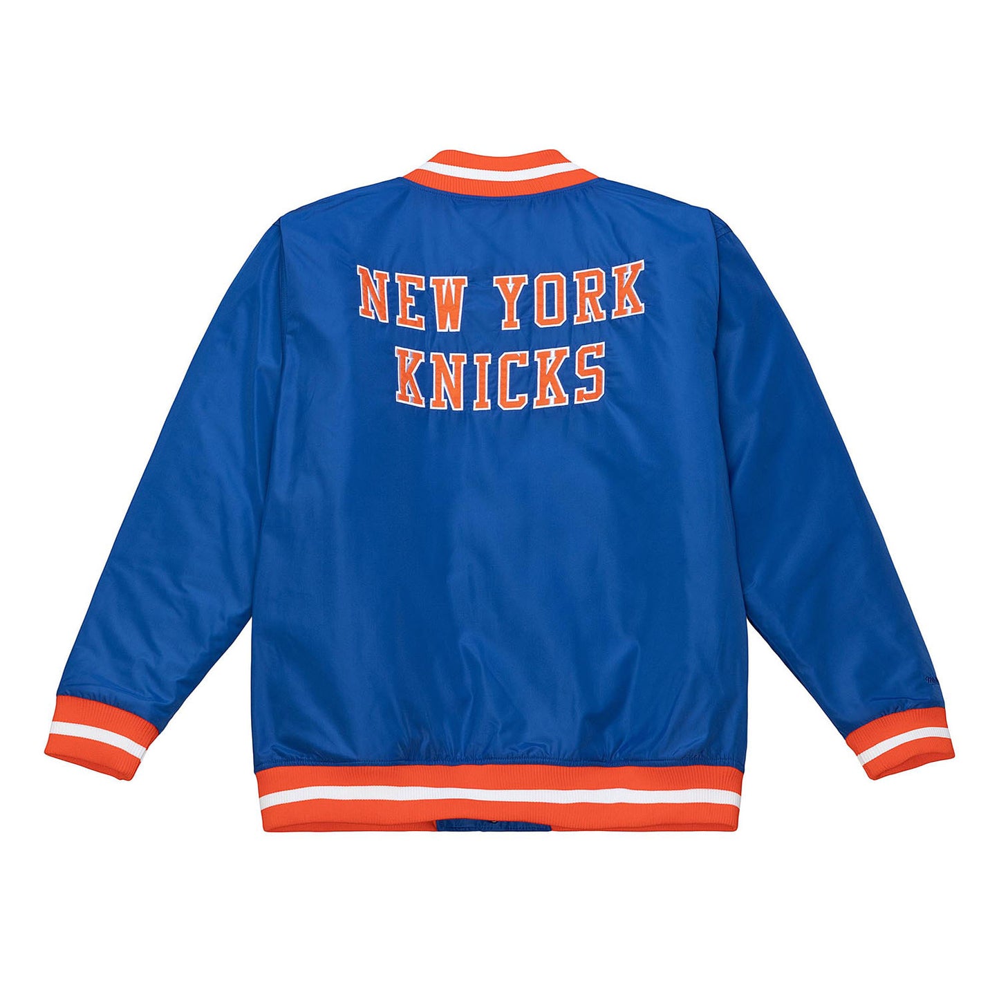Women's Mitchell & Ness Knicks Puffer Jacket In Blue & Orange - Back View