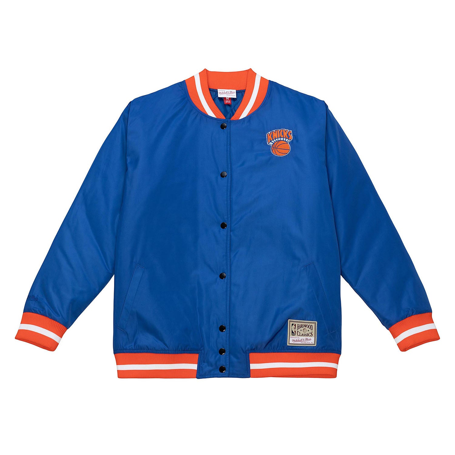 Women's Mitchell & Ness Knicks Puffer Jacket In Blue & Orange - Front View