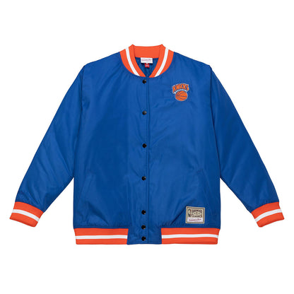 Women's Mitchell & Ness Knicks Puffer Jacket In Blue & Orange - Front View