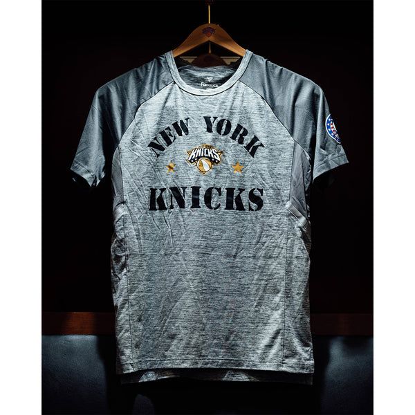 Autographed Military Appreciation Night Player-Worn Warm-Up Shirt & Autographed 47 Brand Knicks Camo Clean Up Hat: #1 Obi Toppin - New York Knicks - Grey Shirt On Hanger
