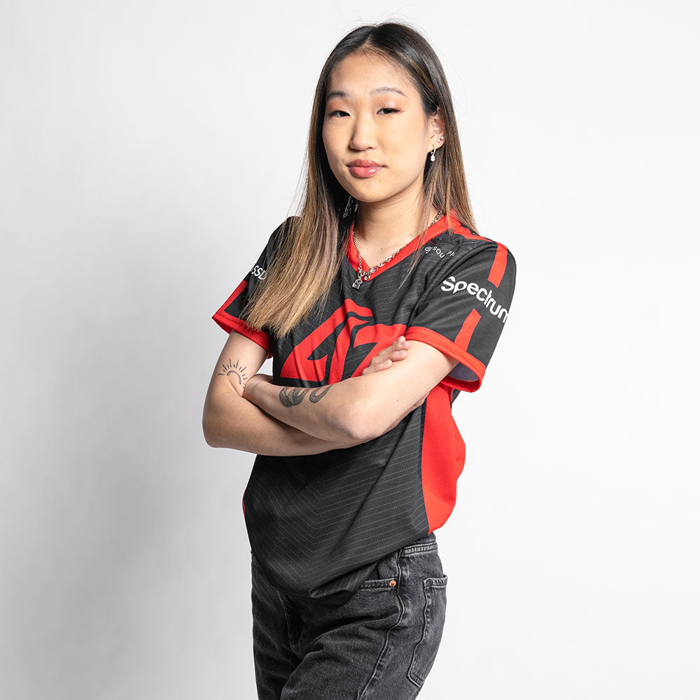 Women's Official 2022 CLG Red Jersey in Black - Front View, Worn, Posed