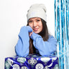 CLG Holiday Beanie in White - Front View, Worn, Posed
