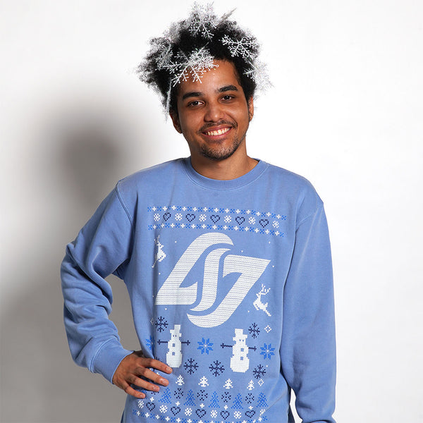 CLG Holiday Sweater in Blue - Front View, Worn, Posed