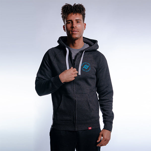 CLG Loyalty Zip Up in Heather Black - Front View, Worn, Posed