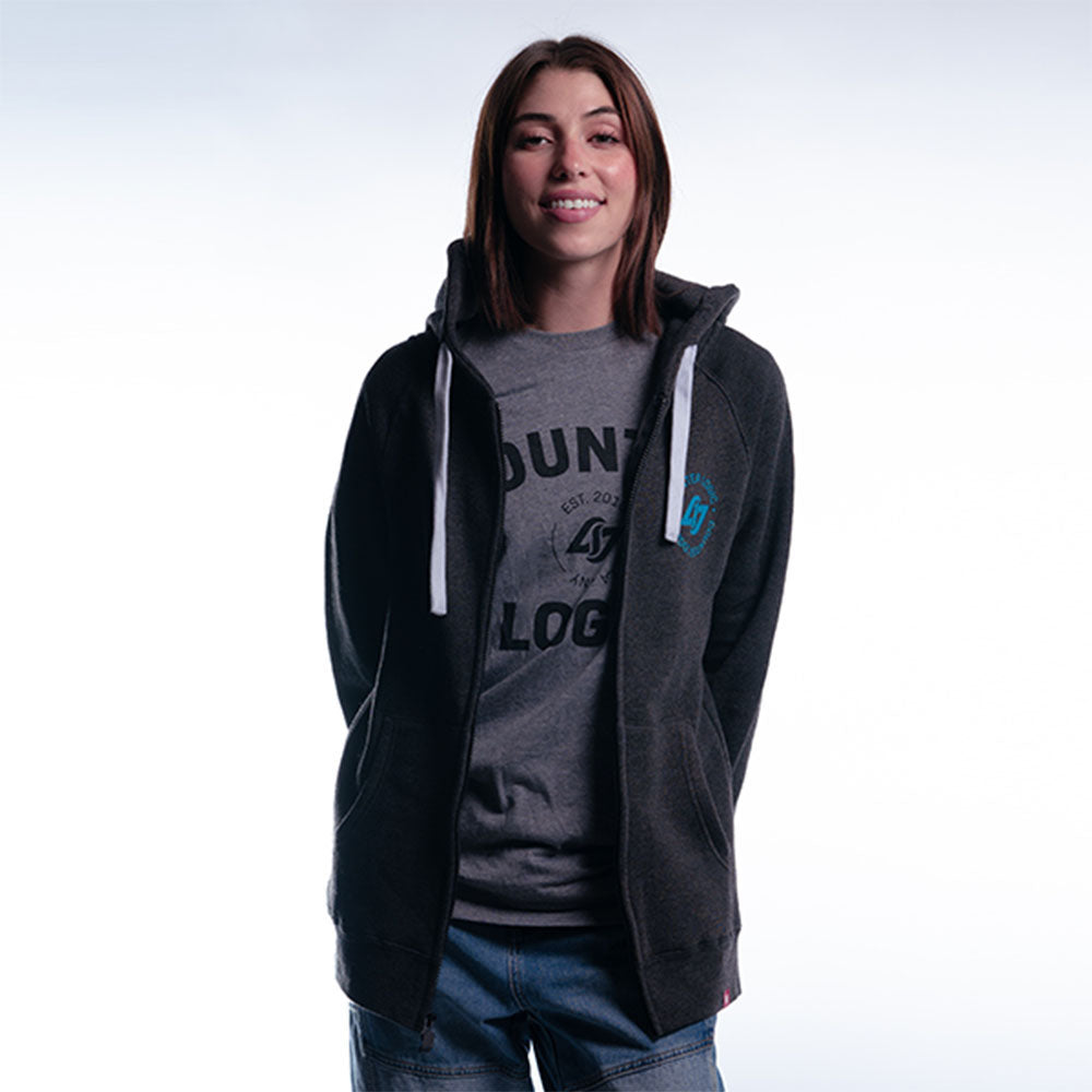 CLG Loyalty Zip Up in Heather Black - Front View, Worn