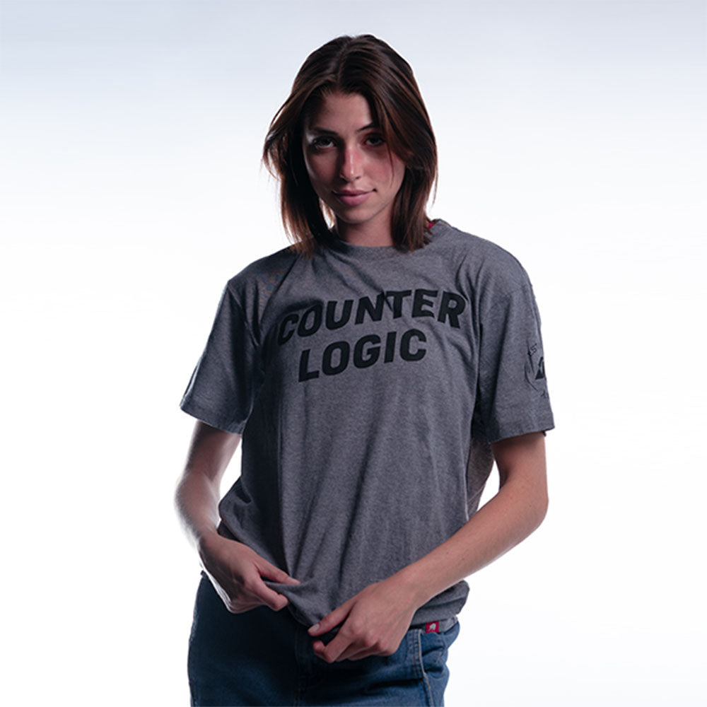 CLG Loyalty Tee in Grey - Front View, Worn, Posed