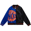 Women's Mitchell & Ness Knicks Big Face Satin Jacket 5.0 In Black, Blue & Orange - Front View