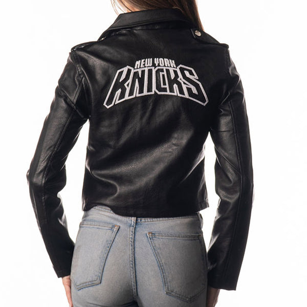 Women's Wild Collective Knicks Leather Jacket In Black & White - Back View On Model