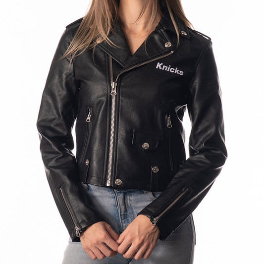 Women's Wild Collective Knicks Leather Jacket In Black & White - Front View On Model
