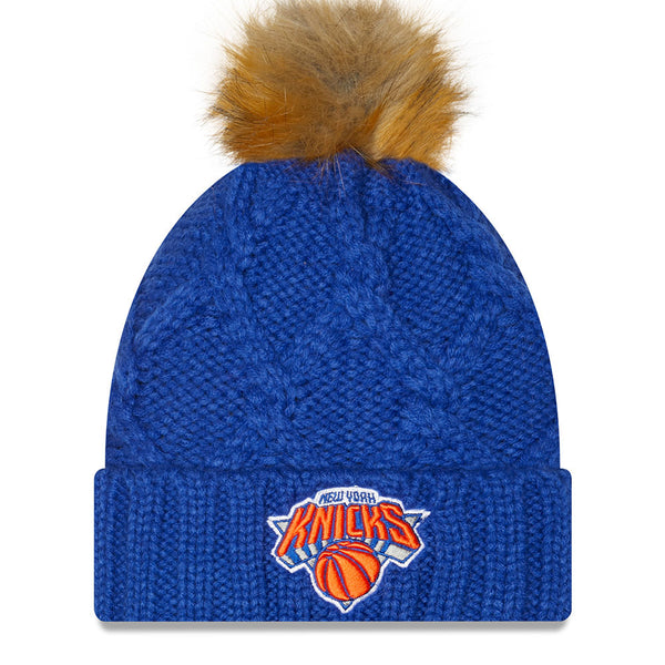 Women's Knicks New Era Luxe Cuff Knit Hat Pom Royal in Blue - Front View