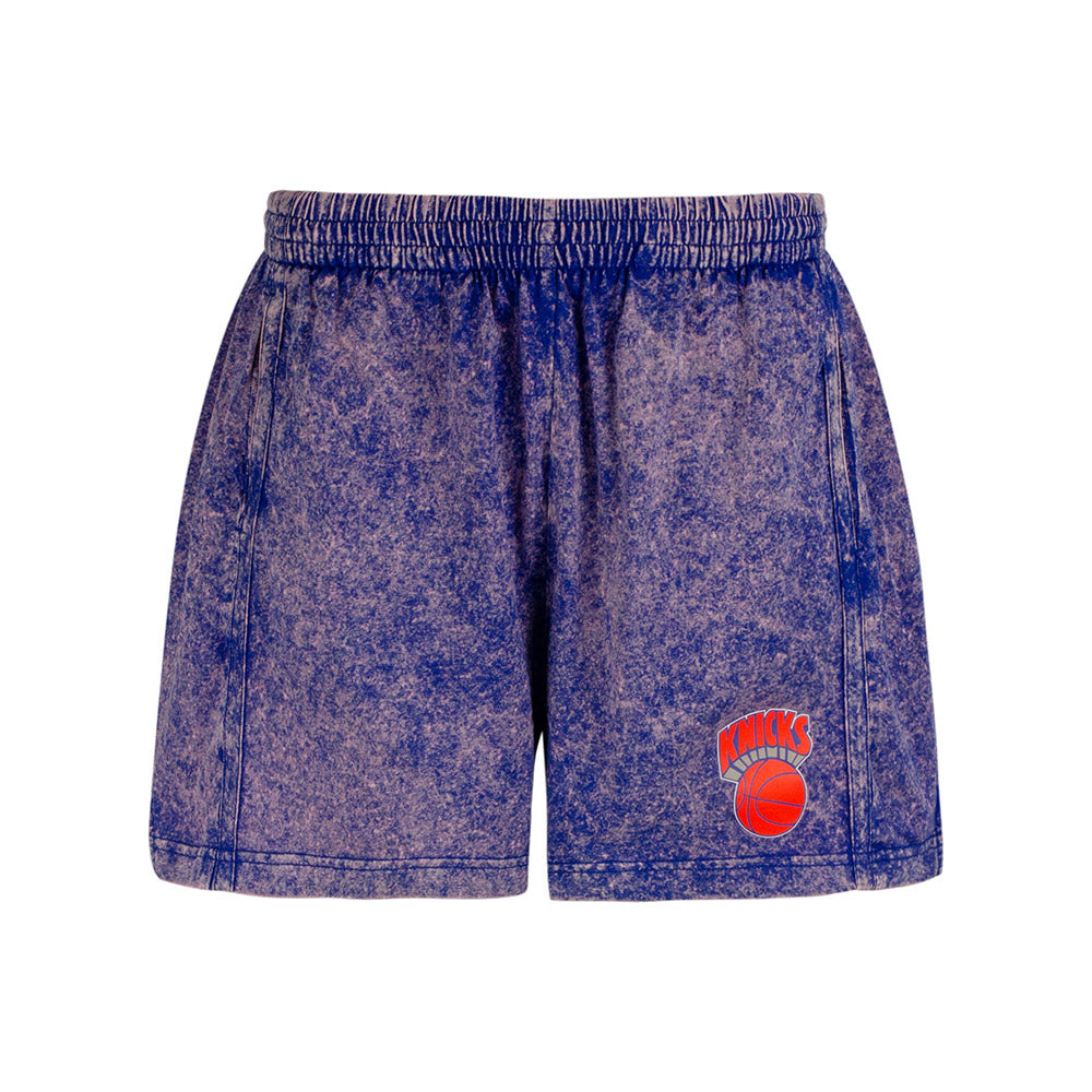 Women's Mitchell & Ness Knicks Acid Wash Shorts in Blue - Front View