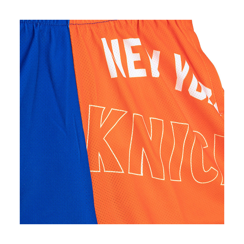 Women's Mitchell & Ness Knicks Big Face Shorts 5.0 in Orange, Blue and White - Graphic Close Up