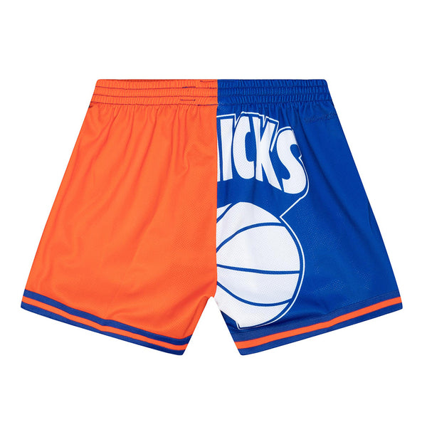 Women's Mitchell & Ness Knicks Big Face Shorts 5.0 in Orange, Blue and White - Front View