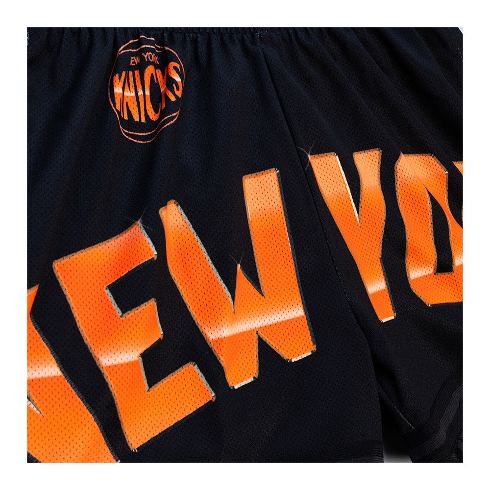 Women's Mitchell & Ness Knicks Big Face 4.0 Short In Black & Orange - Zoom View on Front Graphic