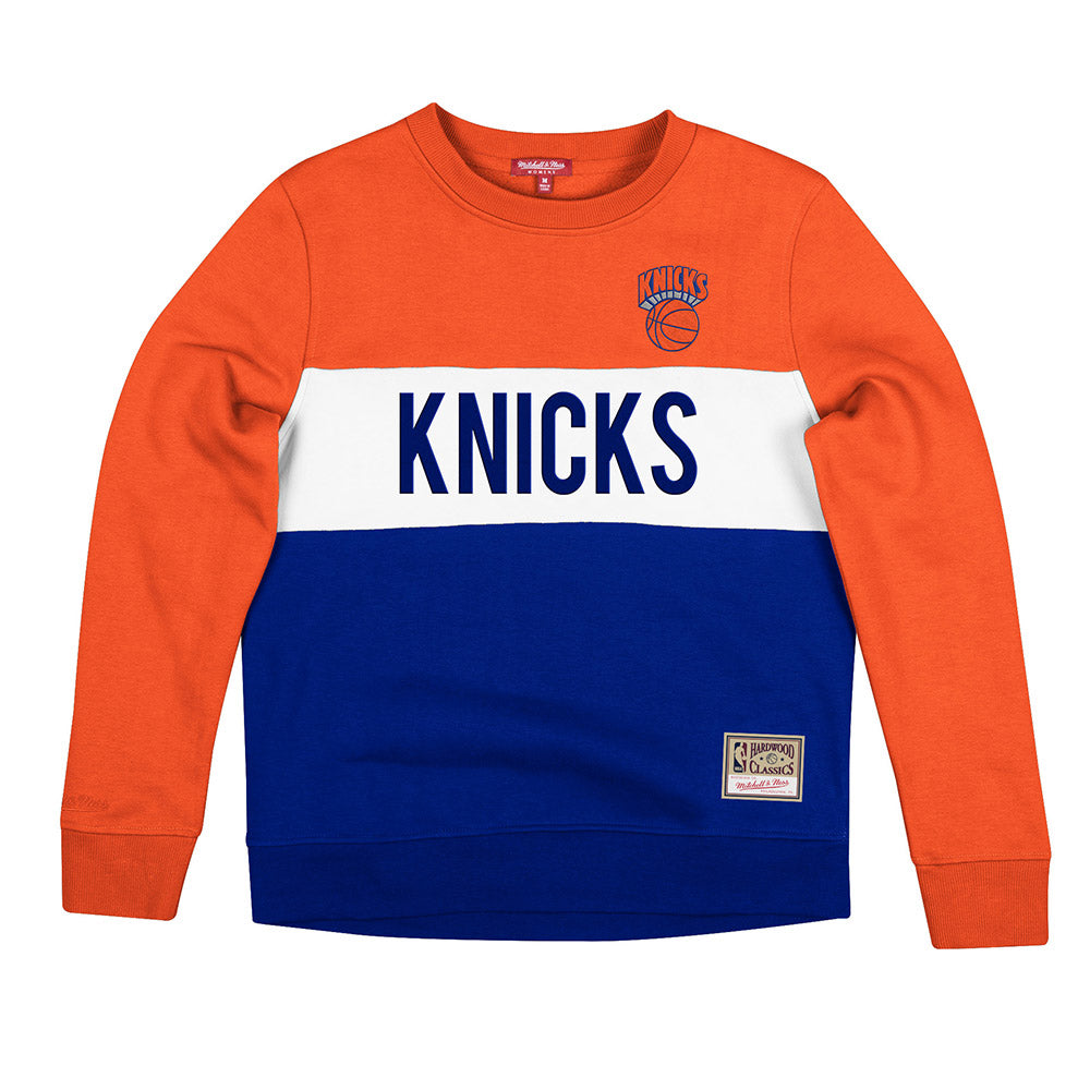 Women's Mitchell & Ness Knicks Color Block Crewneck in White,  Orange and Blue - Front View