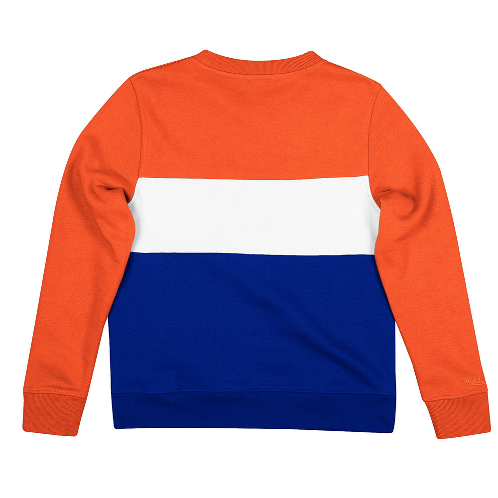 Women's Mitchell & Ness Knicks Color Block Crewneck in White, Orange and Blue - Back View