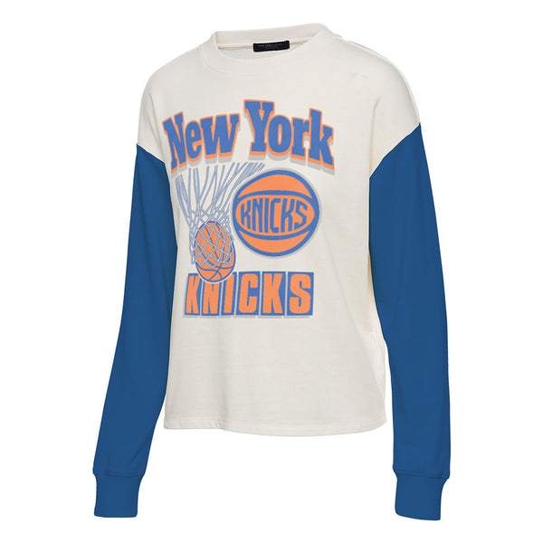 Womens Junk Food Knicks Contrast Sleeve Fleece Crew in White and Blue - Front View