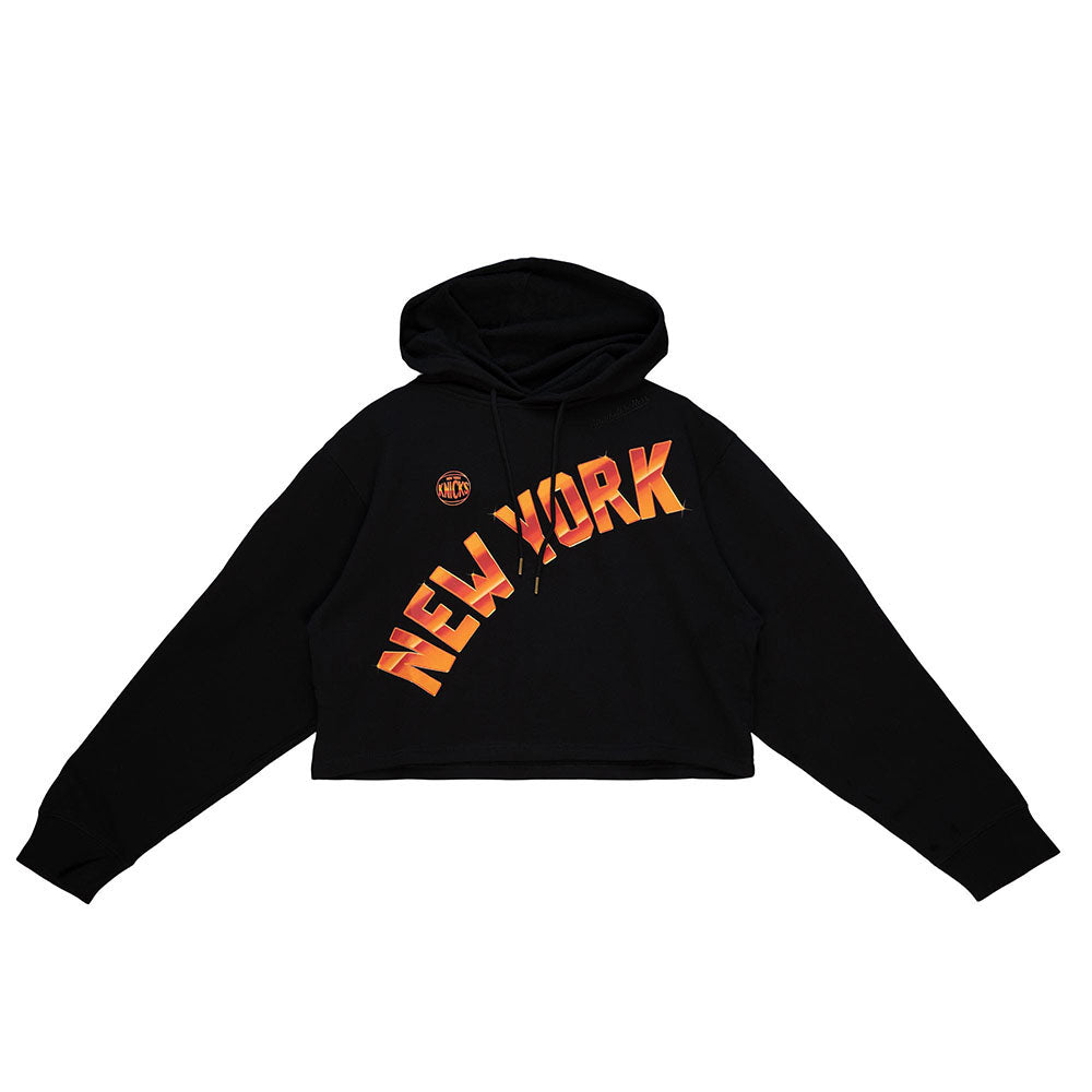 Women's Mitchell & Ness Knicks Big Face Crop Hoodie in Black - Front View
