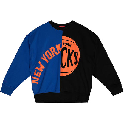 Women's Mitchell & Ness Knicks Big Face Crew 5.0 in Blue, Orange and Black - Front View