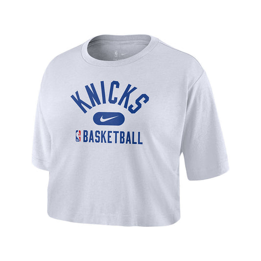 Women's Nike Knicks Cropped Practice T-Shirt in White - Front View