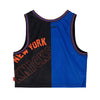 Women's Mitchell & Ness Knicks Big Face Crop Tank 5.0 in Blue, Orange and Black - Back View