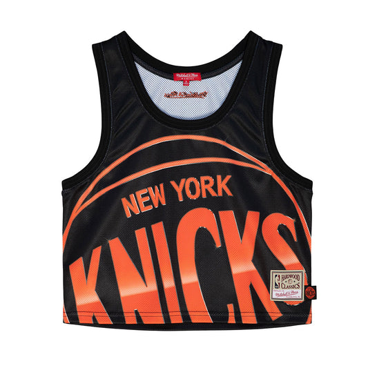Women's Mitchell & Ness Knicks Big Face 4.0 Crop Tank In Black & Orange - Front View