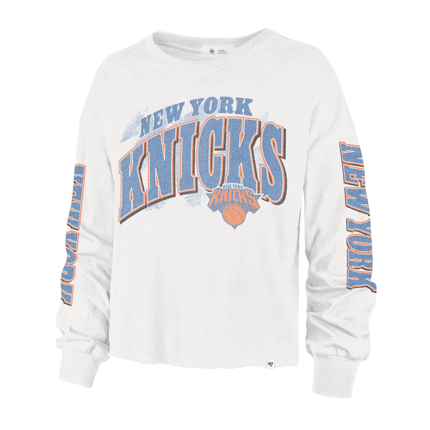 Women's '47 Brand Knicks Brush Back Long Sleeve Tee In White - Front View