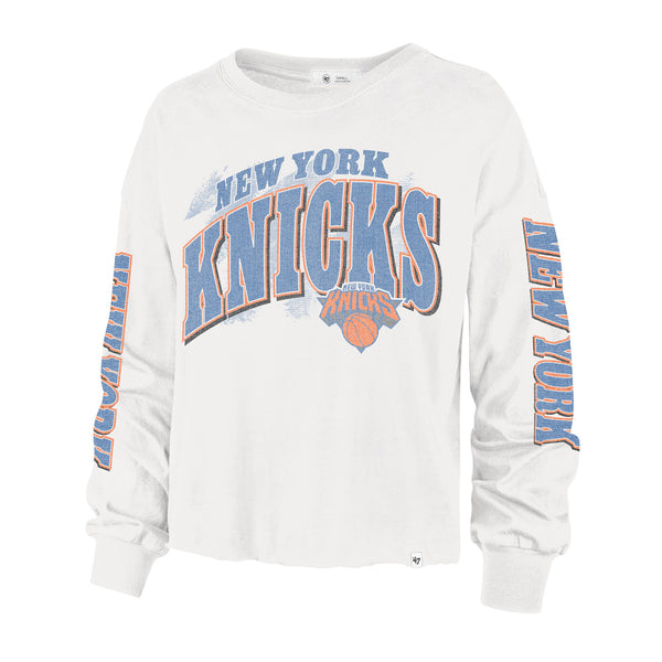 Women's '47 Brand Knicks Brush Back Long Sleeve Tee In White - Front View