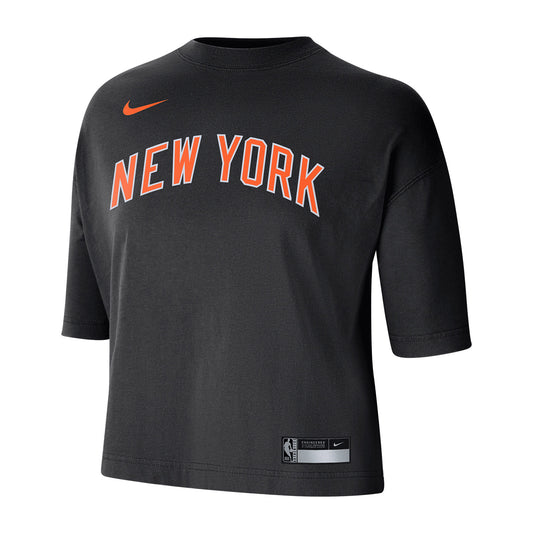 Womens New York Knicks Nike City Edition 22-23 Wordmark Boxy Tee In Black - Front View