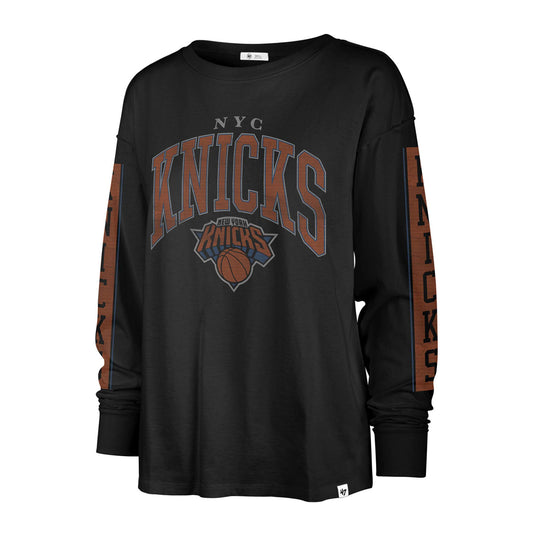 Women's '47 Brand Knicks 22-23 City Edition Long Sleeve Tee In Black & Orange - Front View