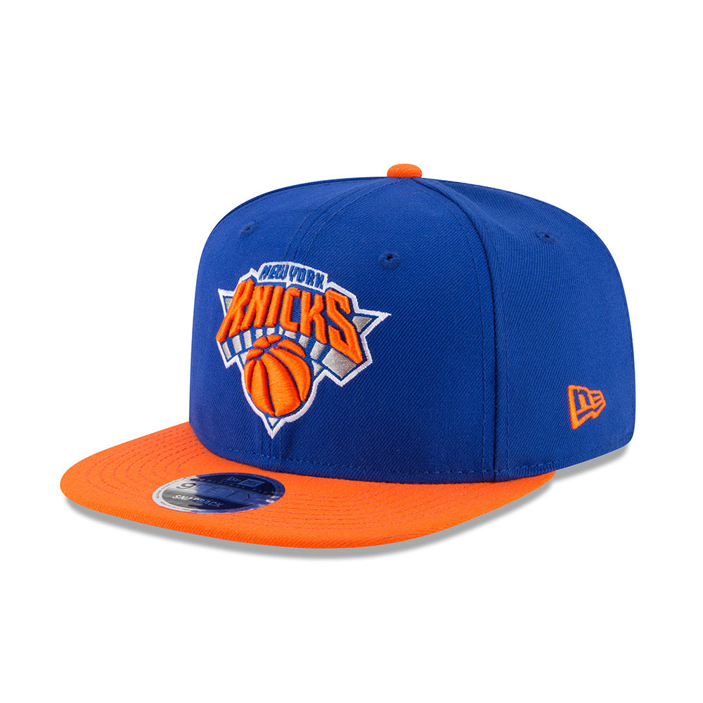 New Era Knicks Two-Tone 9Fifty Snapback Hat in Blue and Orange - Front Left View