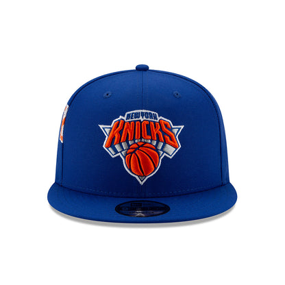 New Era Knicks 9FIFTY Turn Logo Snapback Hat in Blue - Front View