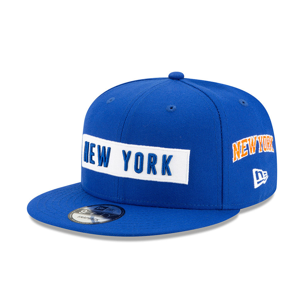 New Era Knicks 9FIFTY Multi Logo Snapback Hat in Blue - Front Left View